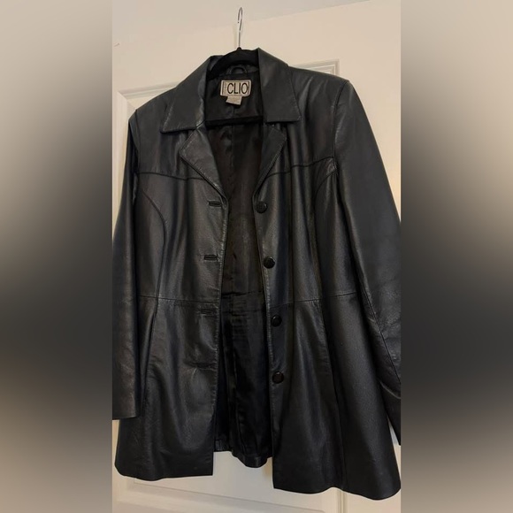 CLIO Black 100% Leather Jacket Collared Buttons Pockets Lined Size 10 - Picture 1 of 2